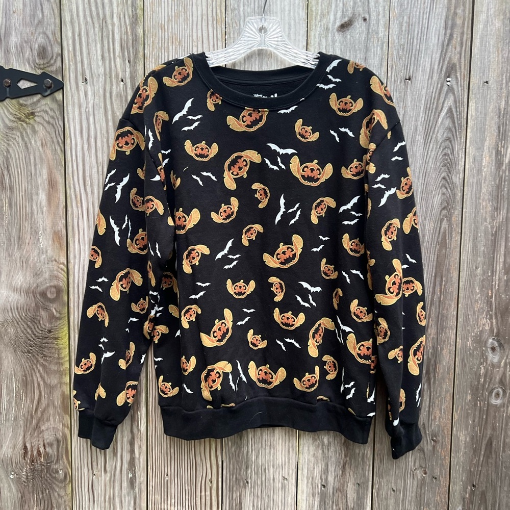 Disney Stitch Halloween Black Sweatshirt Bats Pumpkin Stitch Pattern Large